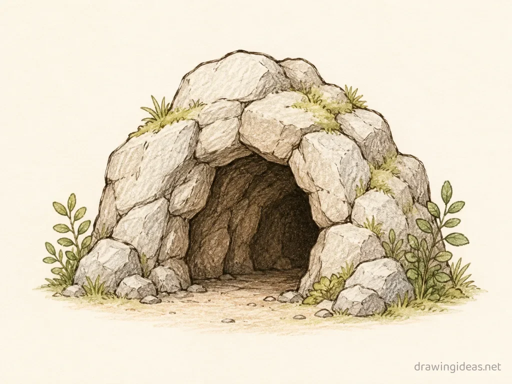 Cave drawing — hand-drawn cave illustration with ink lines and soft colors