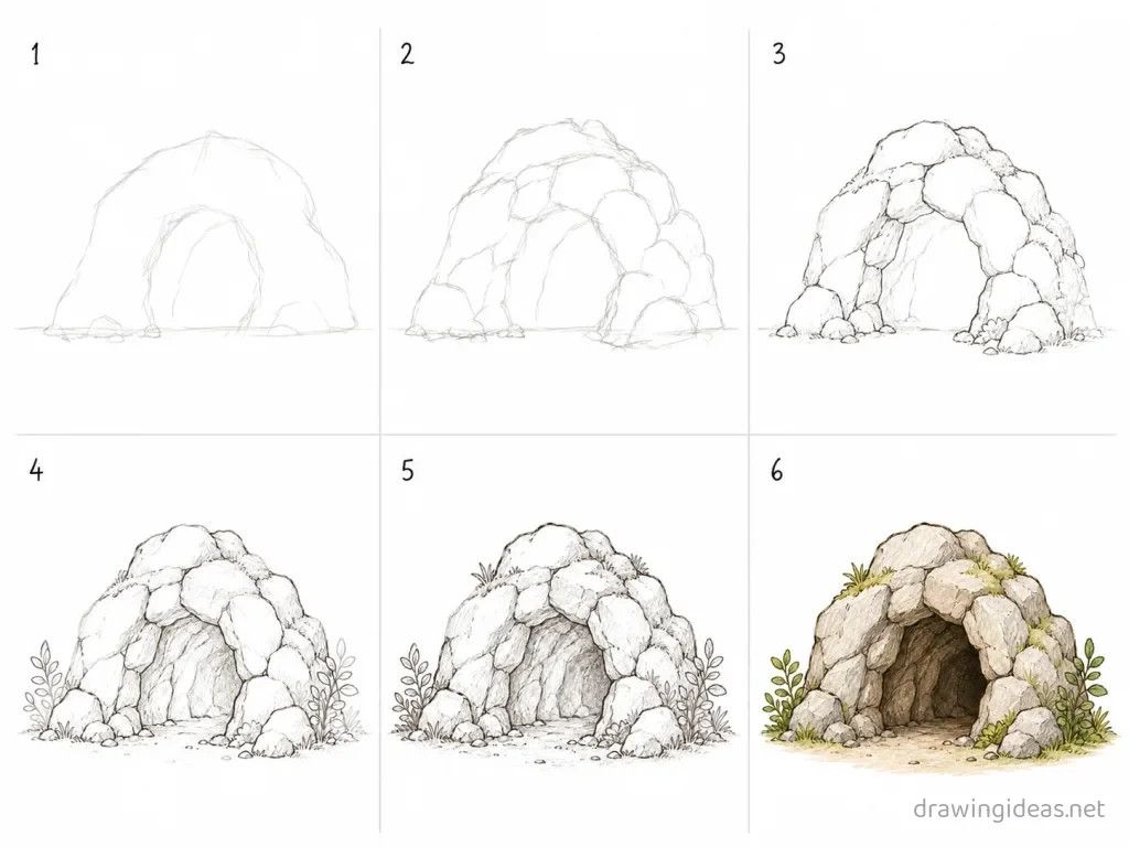 How to draw a cave step by step — 6-step cave drawing tutorial grid