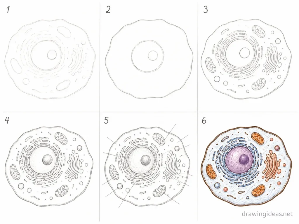 How to draw a cell step by step — 6-step cell drawing tutorial grid