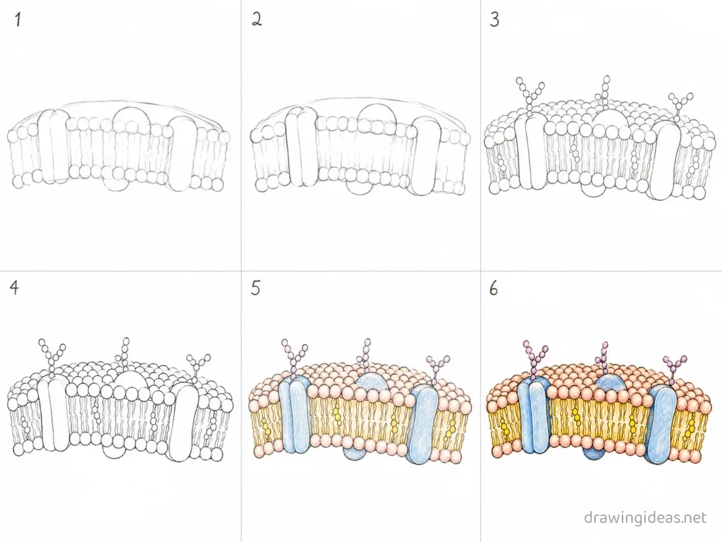 How to draw a cell membrane step by step — 6-step cell membrane drawing tutorial grid