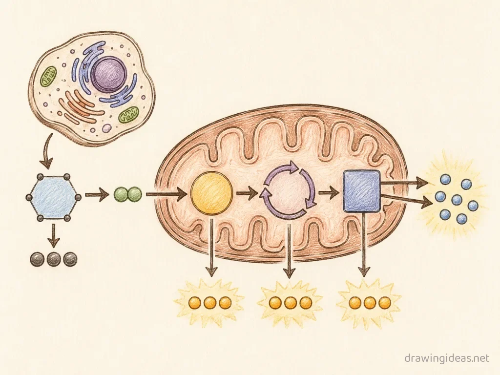 Cellular Respiration drawing — hand-drawn cellular respiration illustration with ink lines and soft colors