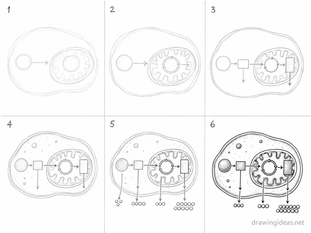 How to draw cellular respiration step by step — 6-step cellular respiration drawing tutorial grid