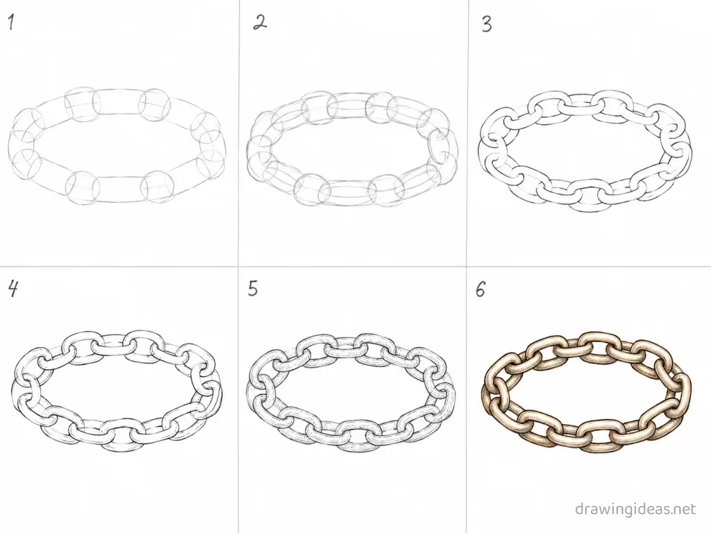 How to draw a chain step by step — 6-step chain drawing tutorial grid