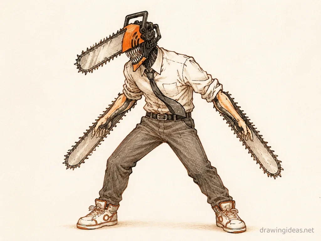 Chainsaw Man drawing — hand-drawn Chainsaw Man illustration with ink lines and soft colors