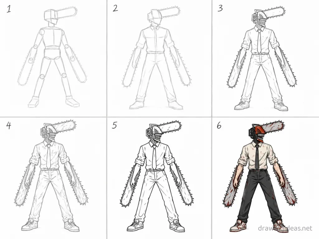 How to draw Chainsaw Man step by step — 6-step Chainsaw Man drawing tutorial grid