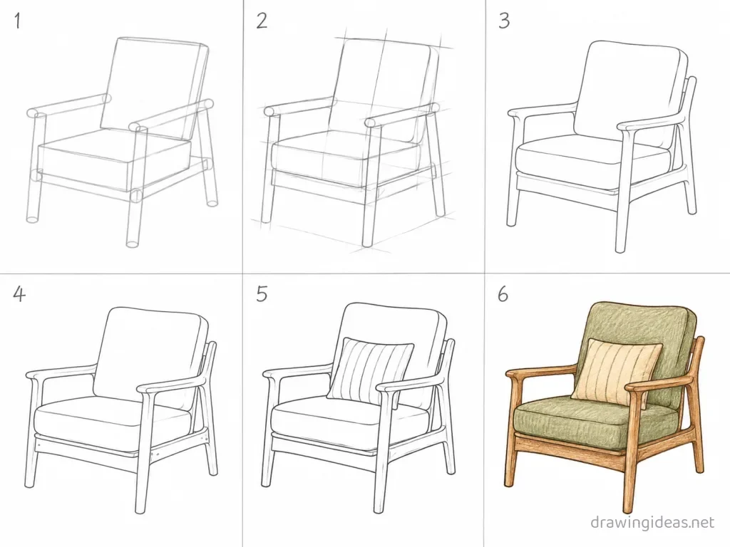 How to draw a chair step by step — 6-step chair drawing tutorial grid