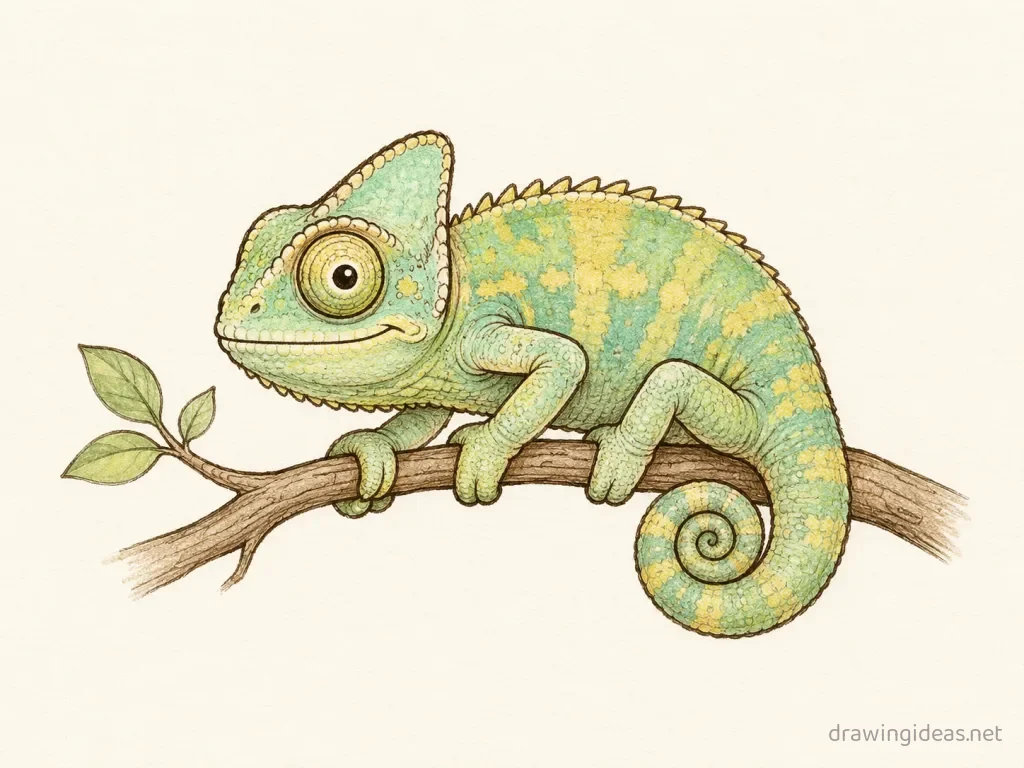 Chameleon drawing — hand-drawn chameleon illustration with ink lines and soft colors