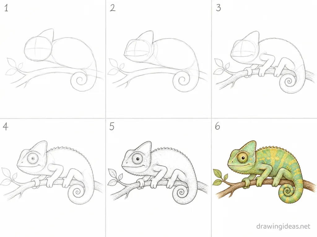 How to draw a chameleon step by step — 6-step chameleon drawing tutorial grid