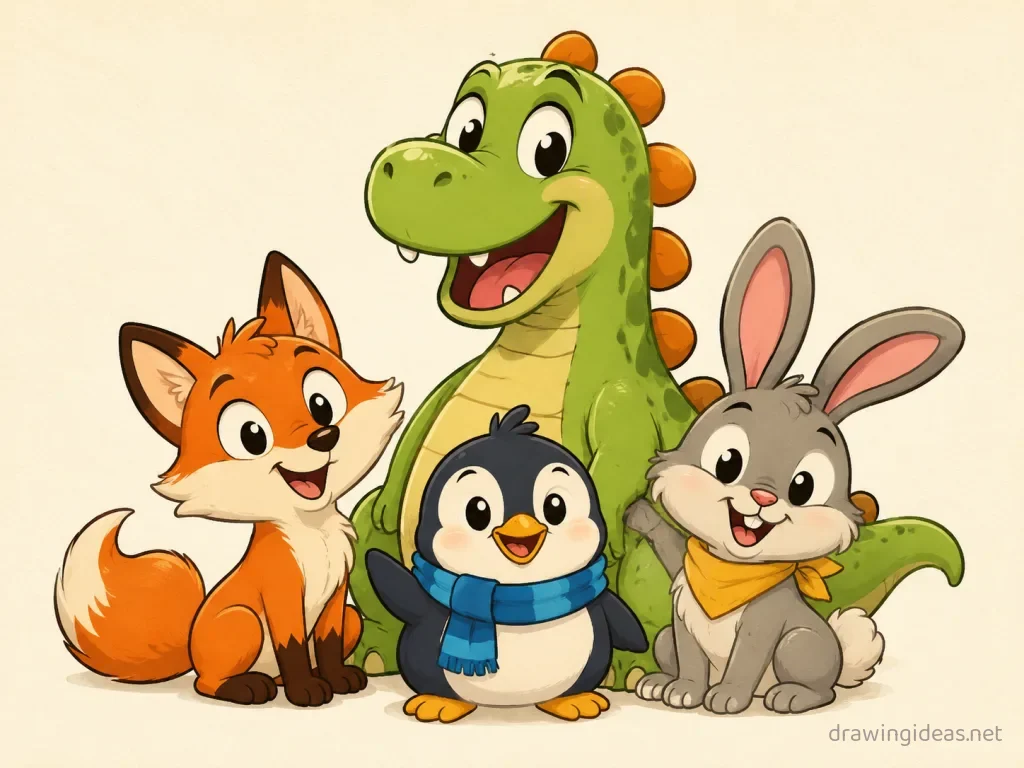 Cartoon characters drawing — cartoon style characters sketch