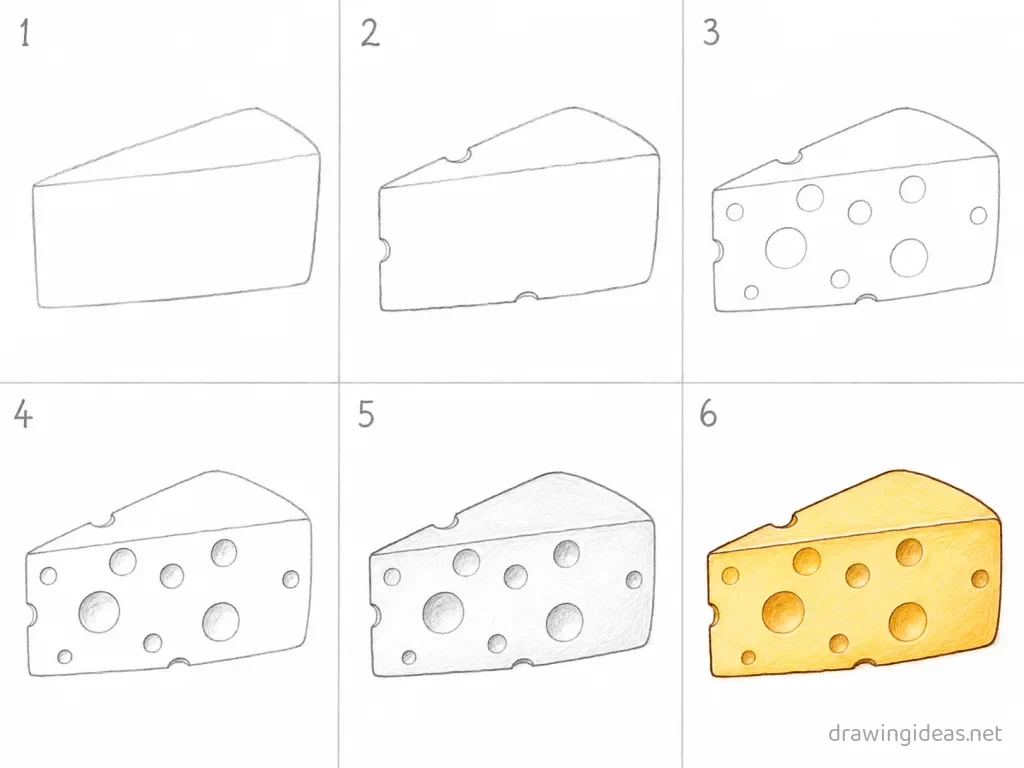 How to draw cheese step by step — 6-step cheese drawing tutorial grid