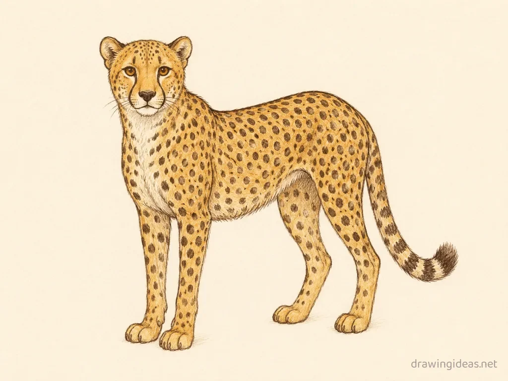 Cheetah drawing — hand-drawn cheetah illustration with ink lines and soft colors