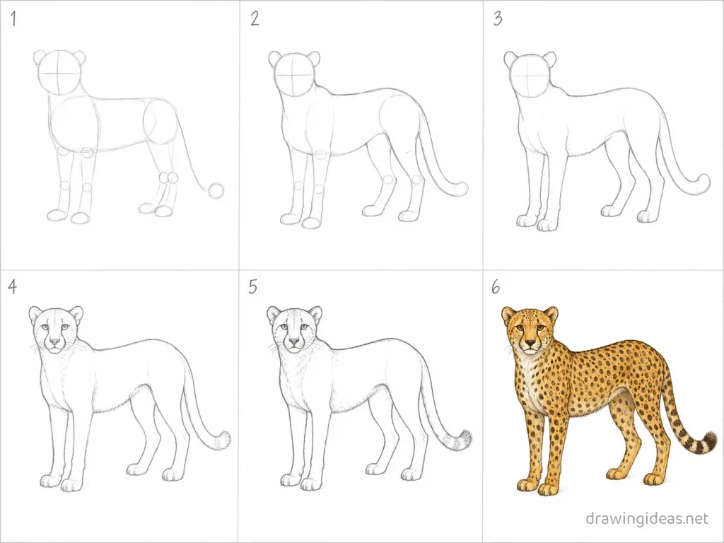How to draw a cheetah step by step — 6-step cheetah drawing tutorial grid