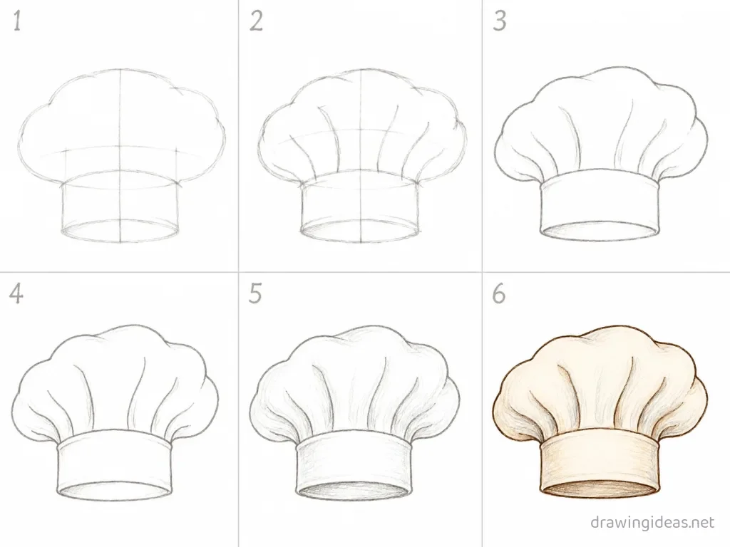 How to draw a chef hat step by step — 6-step chef hat drawing tutorial grid