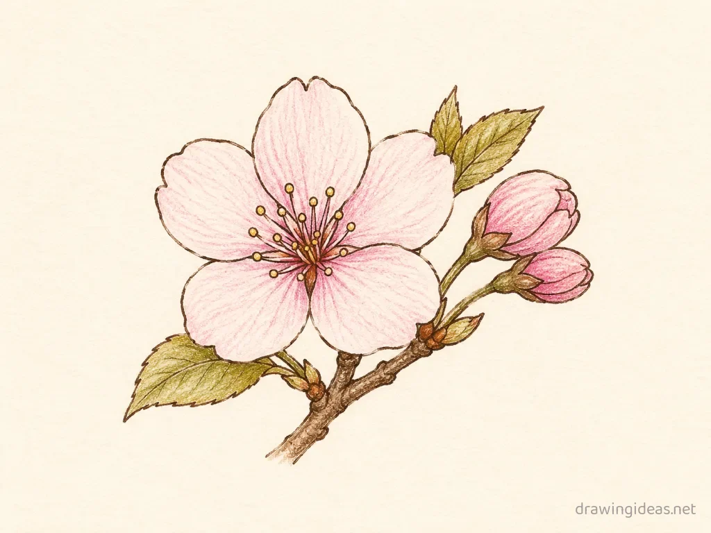 Cherry Blossom drawing — hand-drawn cherry blossom illustration with ink lines and soft colors