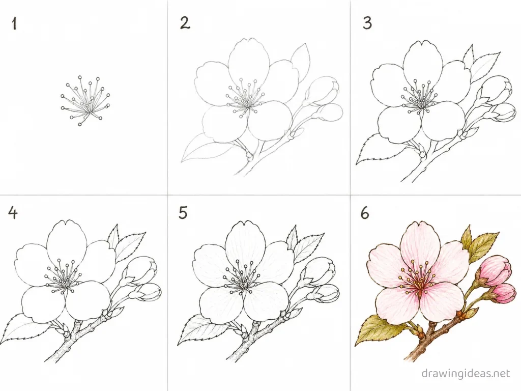 How to draw a cherry blossom step by step — 6-step cherry blossom drawing tutorial grid
