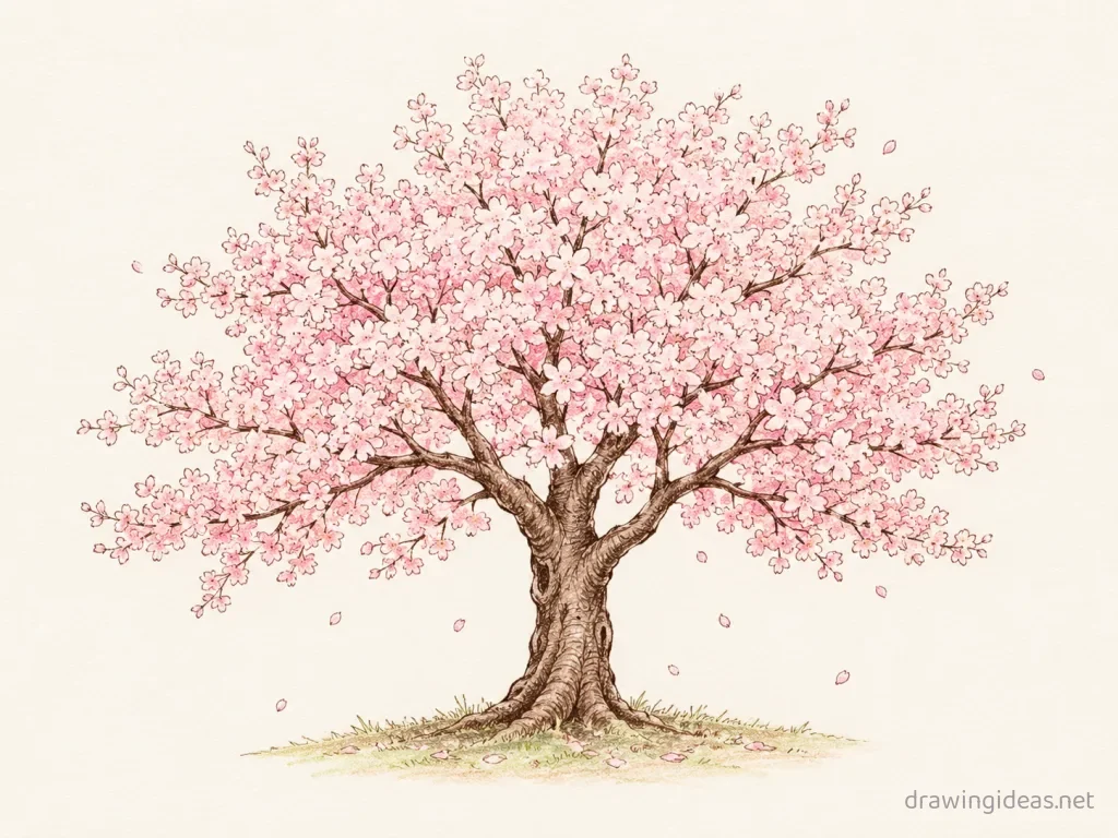 Cherry Blossom Tree drawing — hand-drawn cherry blossom tree illustration with ink lines and soft colors