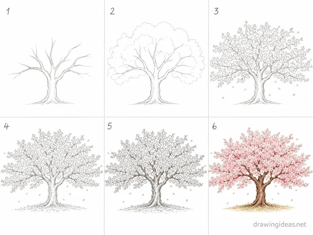 How to draw a cherry blossom tree step by step — 6-step cherry blossom tree drawing tutorial grid
