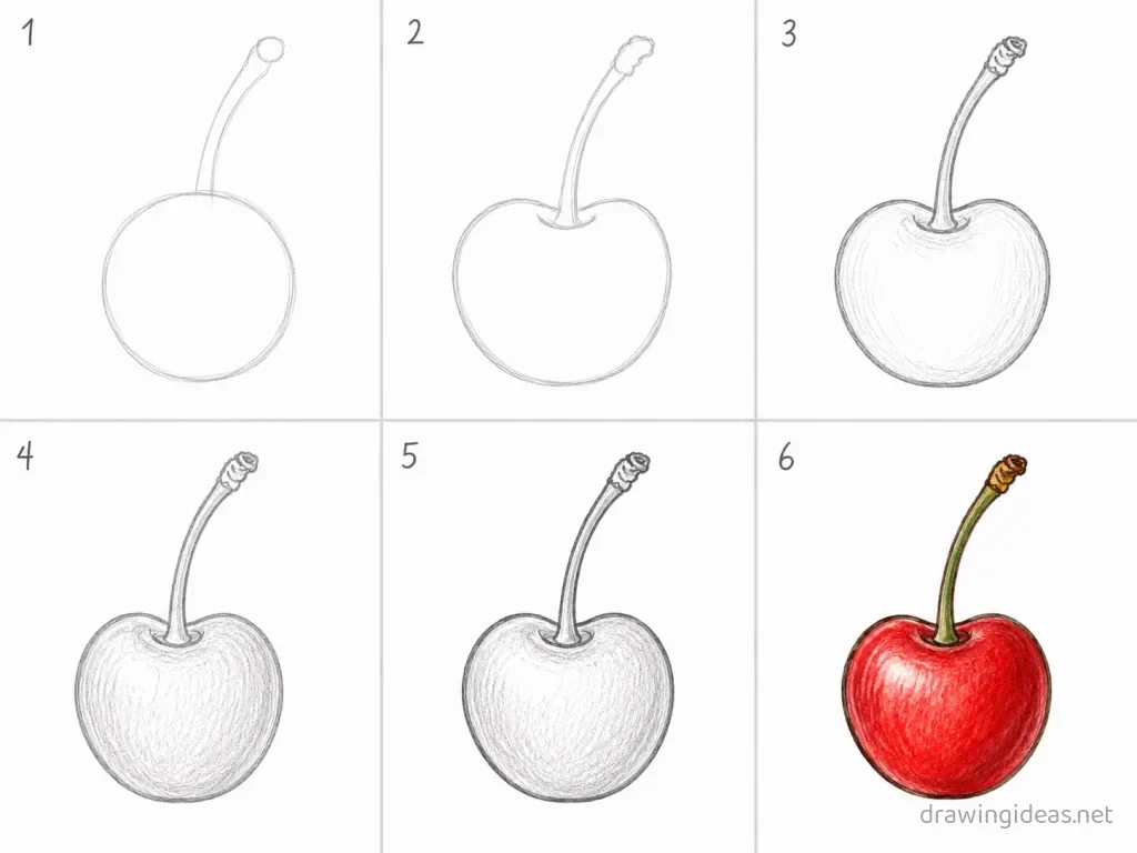How to draw a cherry step by step — 6-step cherry drawing tutorial grid