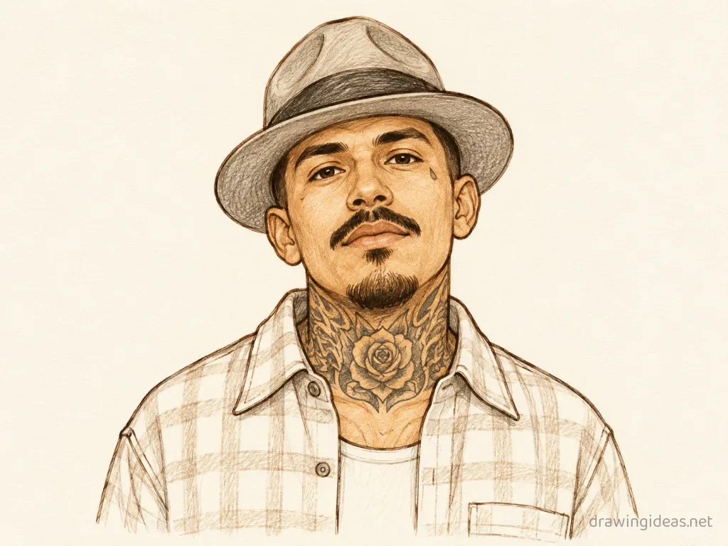 Chicano drawing ā hand-drawn Chicano illustration with ink lines and soft colors