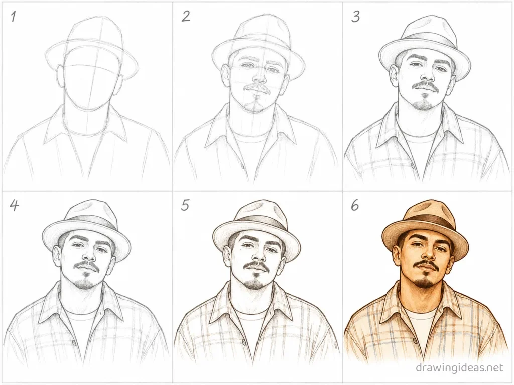How to draw Chicano step by step — 6-step Chicano drawing tutorial grid