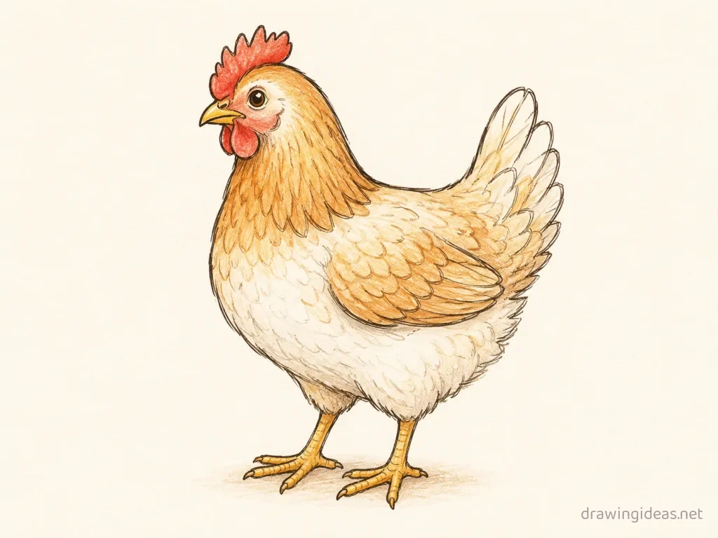 Chicken drawing — hand-drawn chicken illustration with ink lines and soft colors