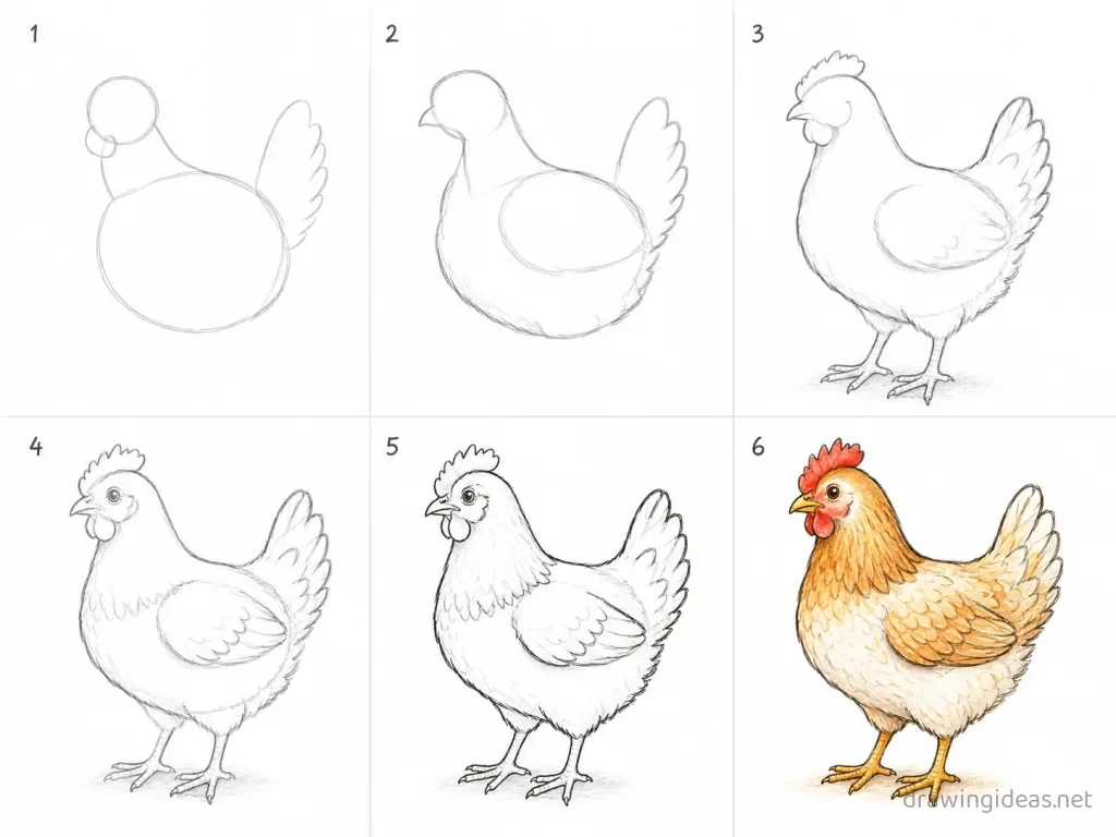 How to draw a chicken step by step — 6-step chicken drawing tutorial grid