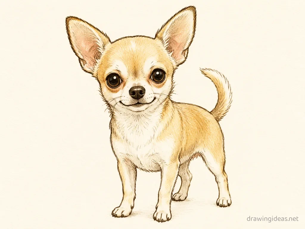 Chihuahua drawing — hand-drawn chihuahua illustration with ink lines and soft colors