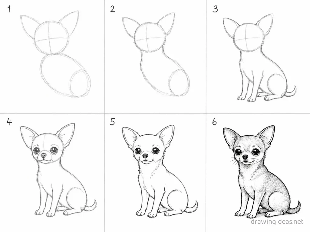 How to draw a chihuahua step by step — 6-step chihuahua drawing tutorial grid