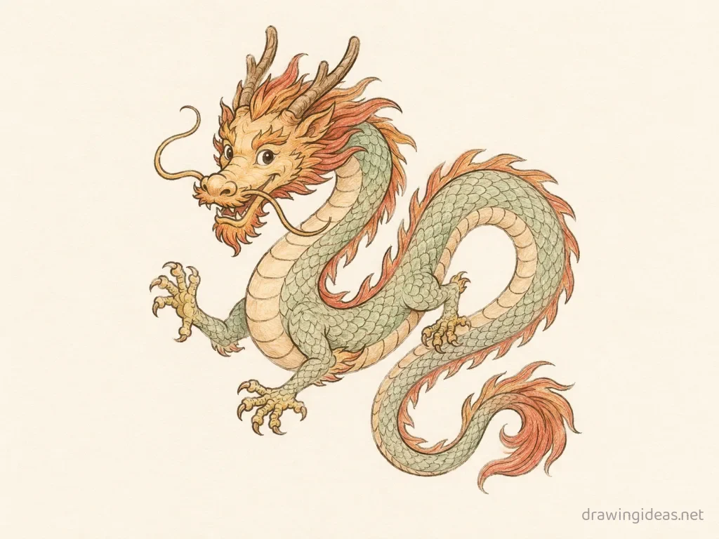 Chinese Dragon drawing — hand-drawn Chinese dragon illustration with ink lines and soft colors
