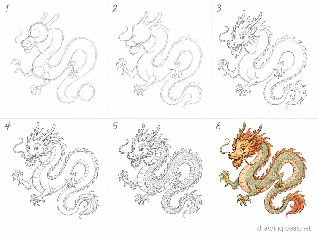 How to draw a Chinese dragon step by step — 6-step Chinese dragon drawing tutorial grid