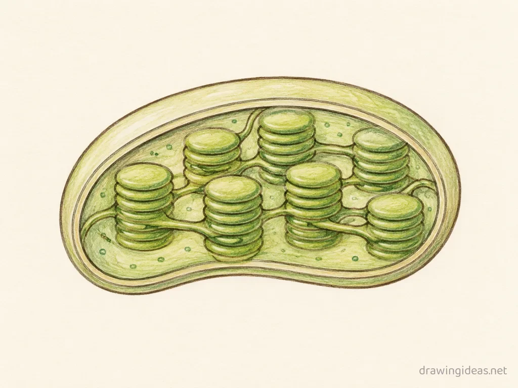 Chloroplast drawing — hand-drawn chloroplast illustration with ink lines and soft colors