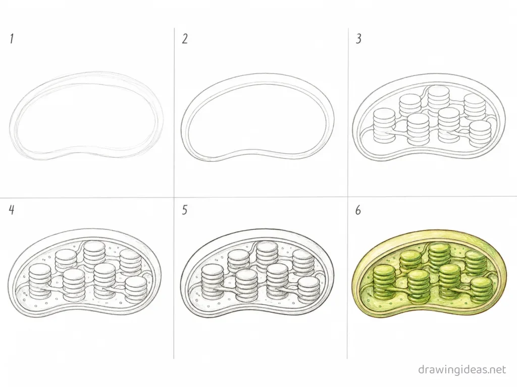 How to draw a chloroplast step by step — 6-step chloroplast drawing tutorial grid