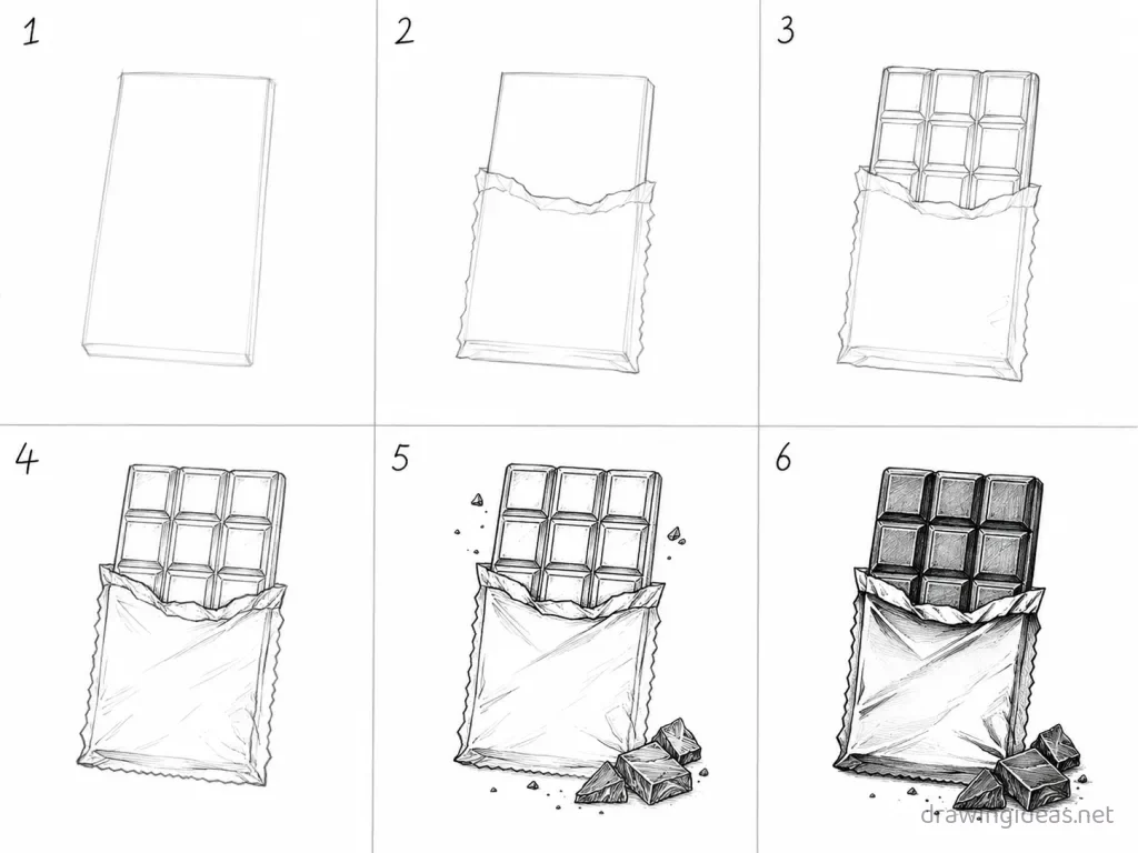 How to draw a chocolate bar step by step — 6-step chocolate bar drawing tutorial grid