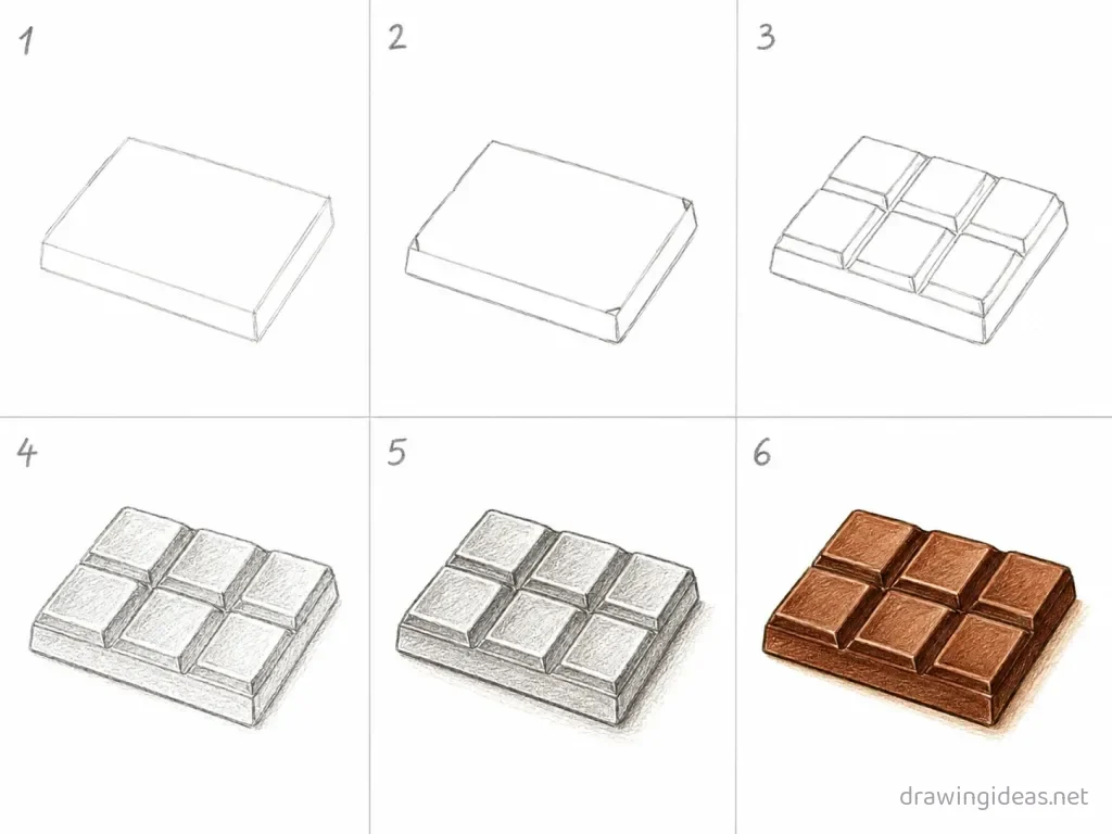 How to draw chocolate step by step — 6-step chocolate drawing tutorial grid