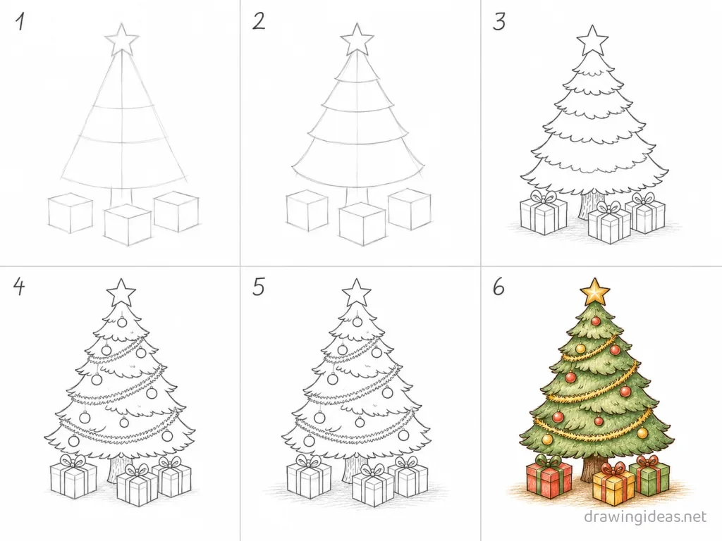 How to draw Christmas step by step — 6-step Christmas drawing tutorial grid