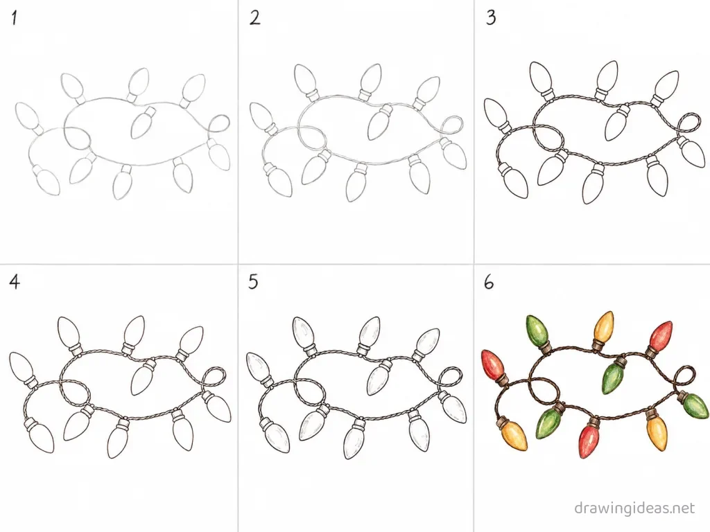 How to draw Christmas lights step by step — 6-step Christmas lights drawing tutorial grid