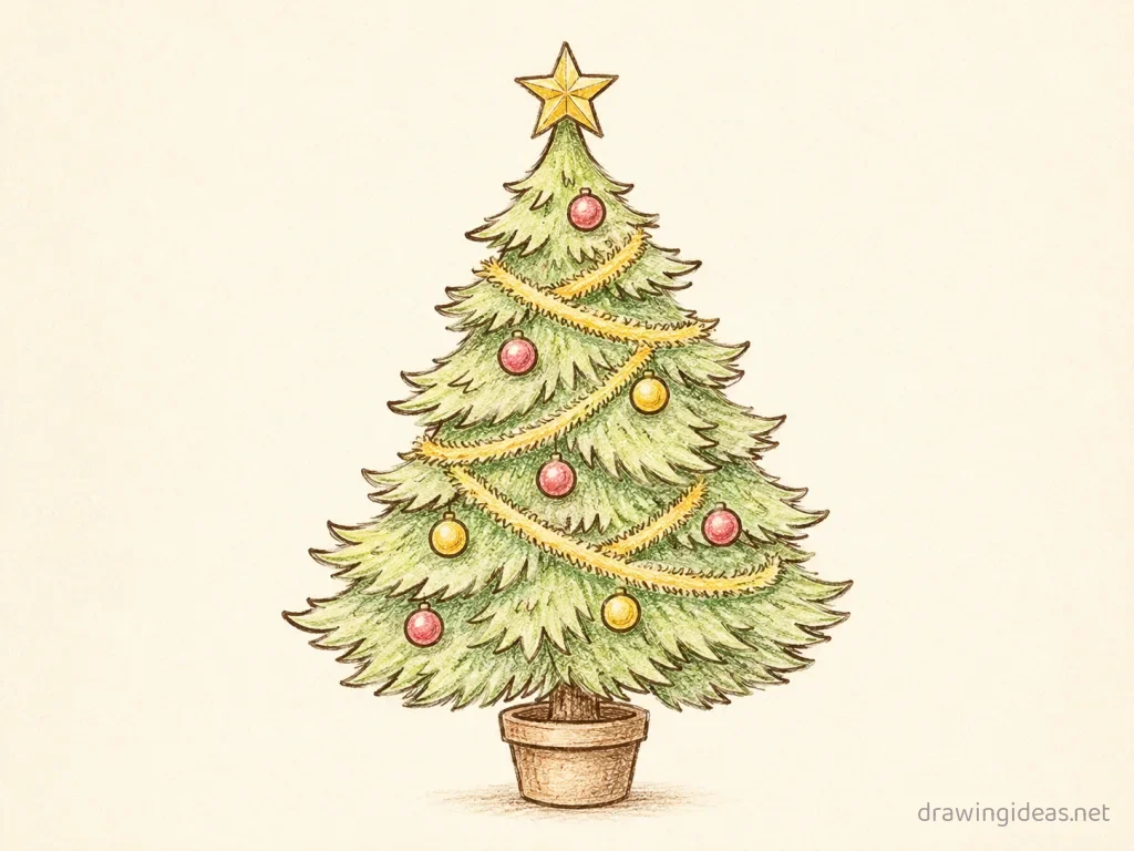 Christmas Tree drawing — hand-drawn Christmas tree illustration with ink lines and soft colors