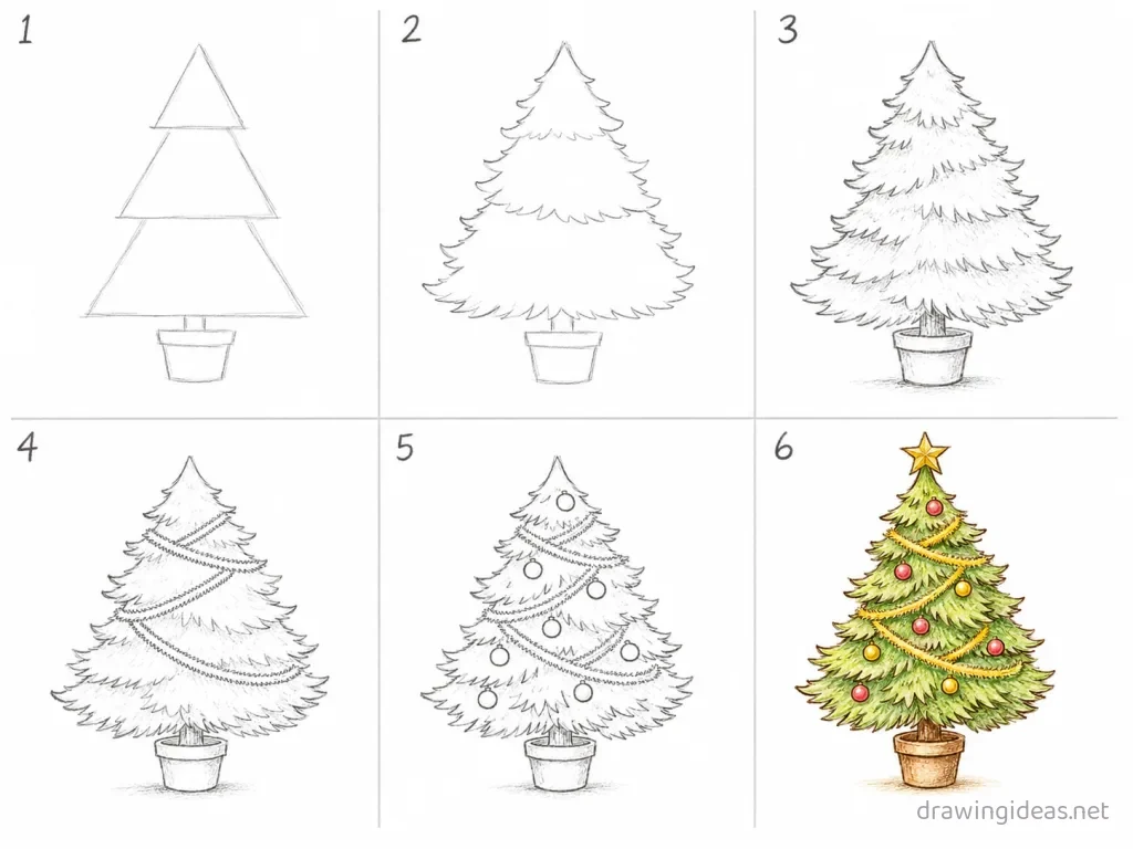 How to draw a Christmas tree step by step — 6-step Christmas tree drawing tutorial grid