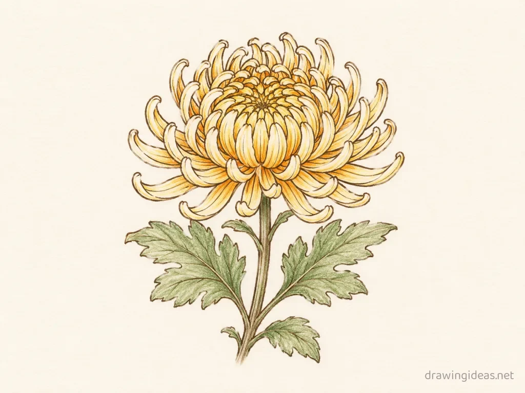 Chrysanthemum drawing — hand-drawn chrysanthemum illustration with ink lines and soft colors