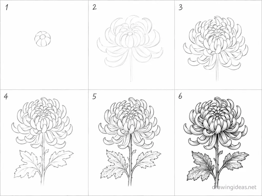 How to draw a chrysanthemum step by step — 6-step chrysanthemum drawing tutorial grid