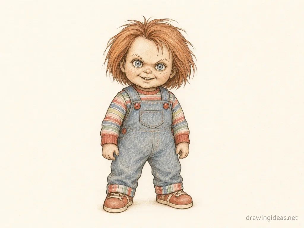 Chucky drawing — hand-drawn Chucky illustration with ink lines and soft colors