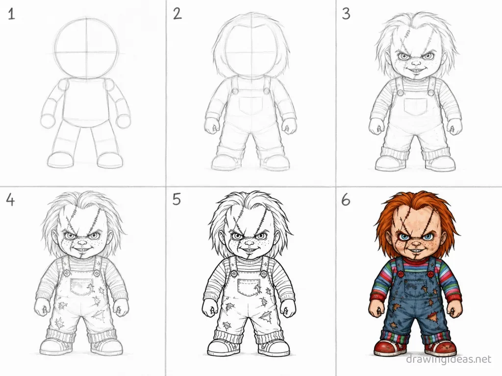 How to draw Chucky step by step — 6-step Chucky drawing tutorial grid