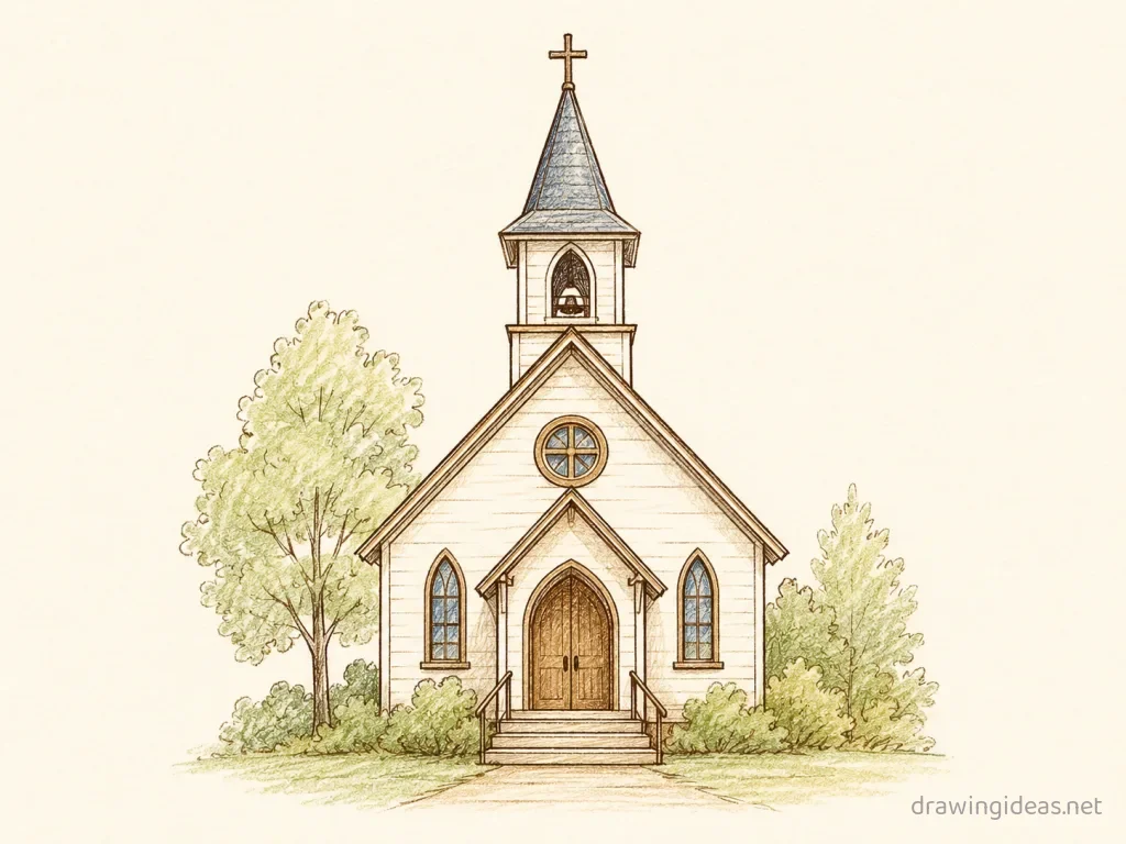Church drawing — hand-drawn church illustration with ink lines and soft colors