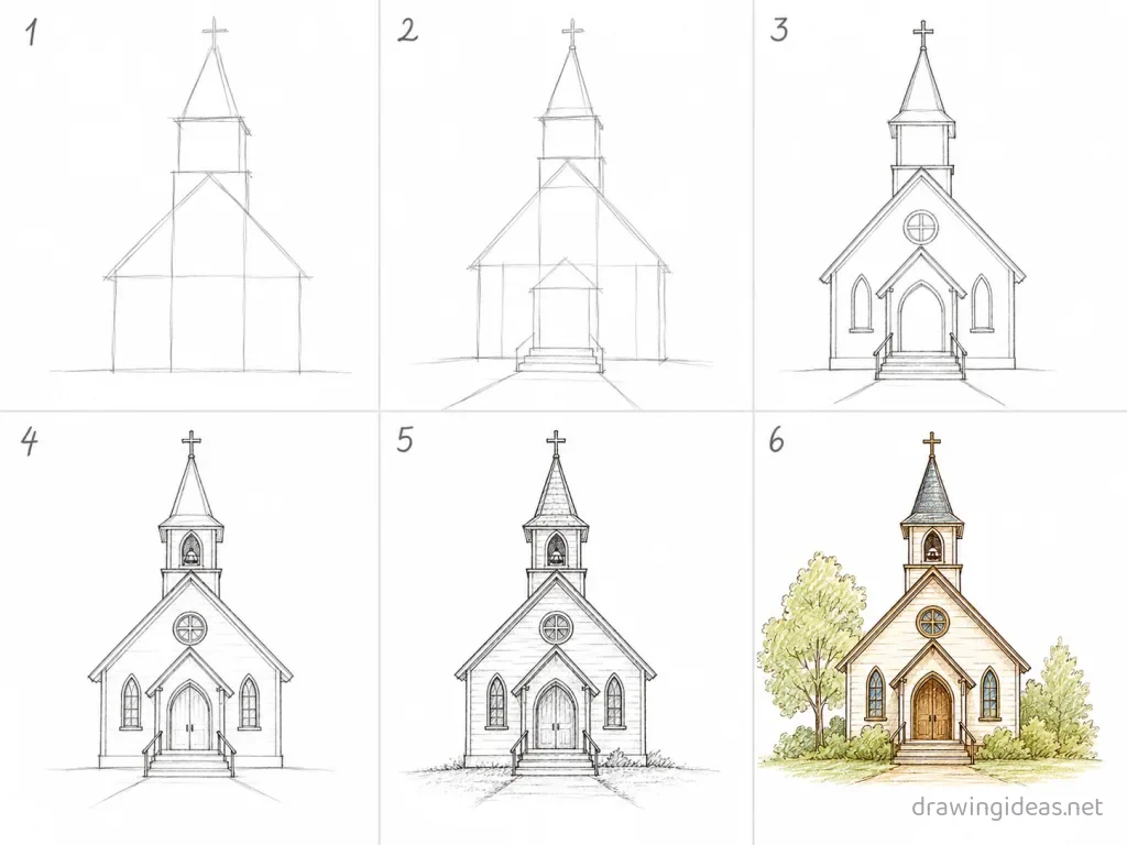 How to draw a church step by step — 6-step church drawing tutorial grid
