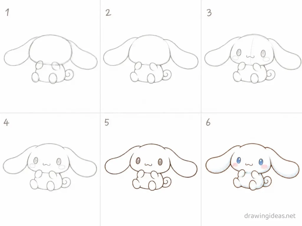 How to draw Cinnamoroll step by step — 6-step Cinnamoroll drawing tutorial grid