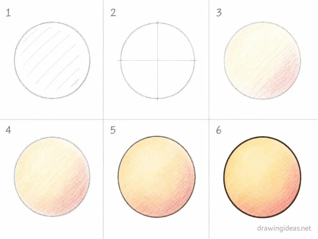 How to draw a circle step by step — 6-step circle drawing tutorial grid