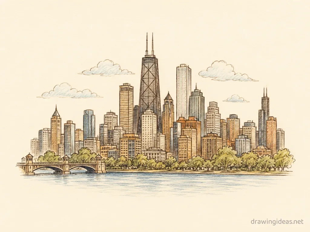 City drawing — hand-drawn city illustration with ink lines and soft colors
