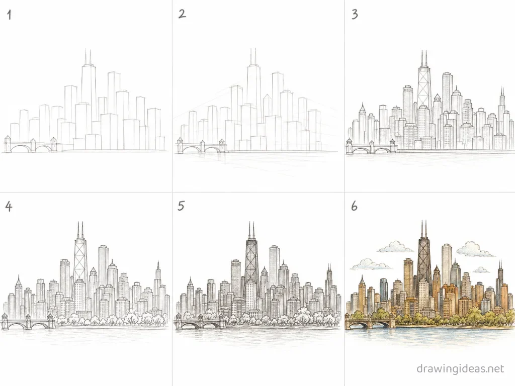 How to draw a city step by step — 6-step city drawing tutorial grid