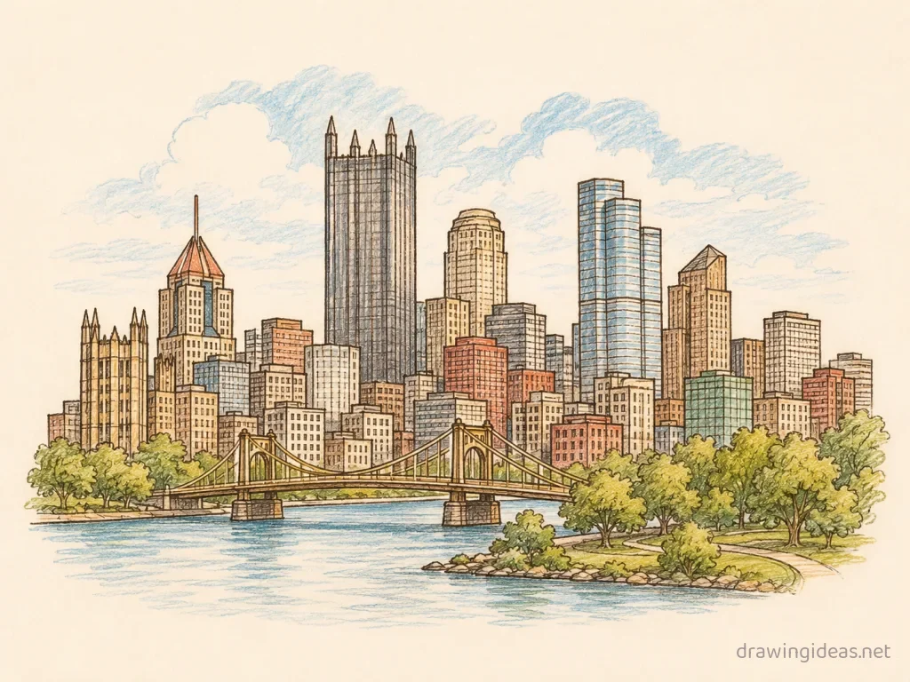 Cityscape drawing — hand-drawn cityscape illustration with ink lines and soft colors
