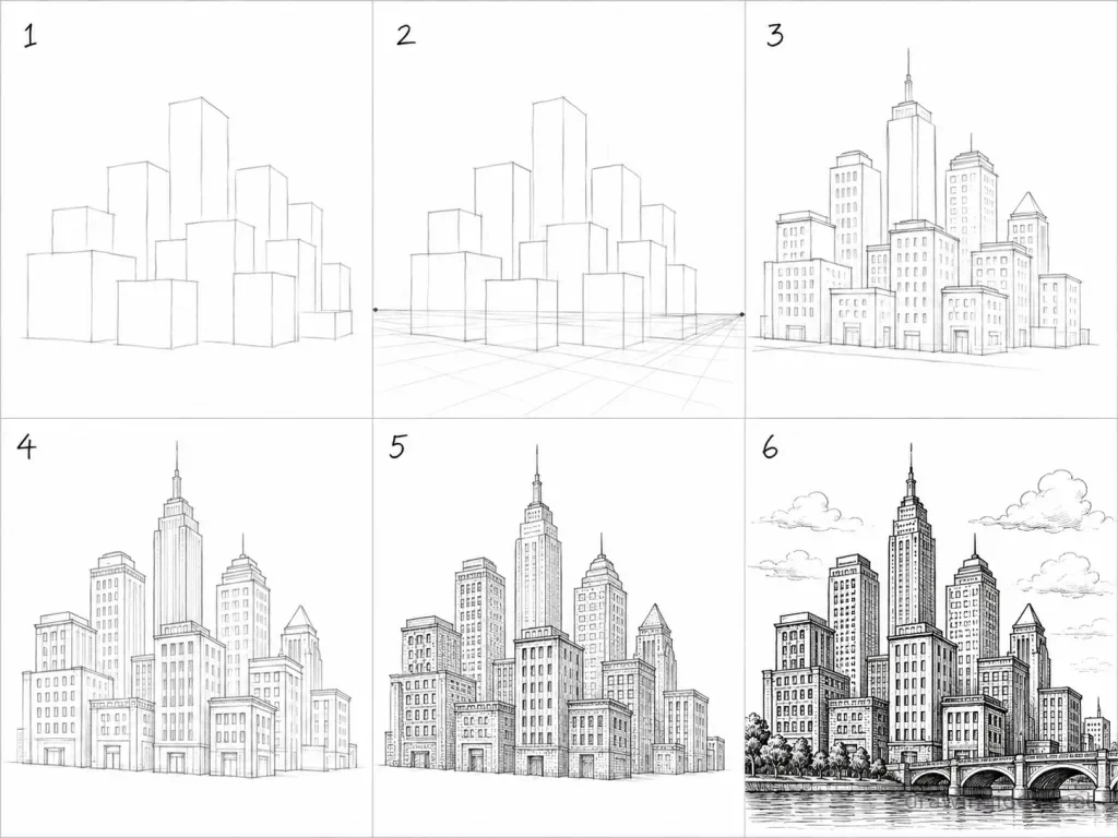 How to draw a cityscape step by step — 6-step cityscape drawing tutorial grid